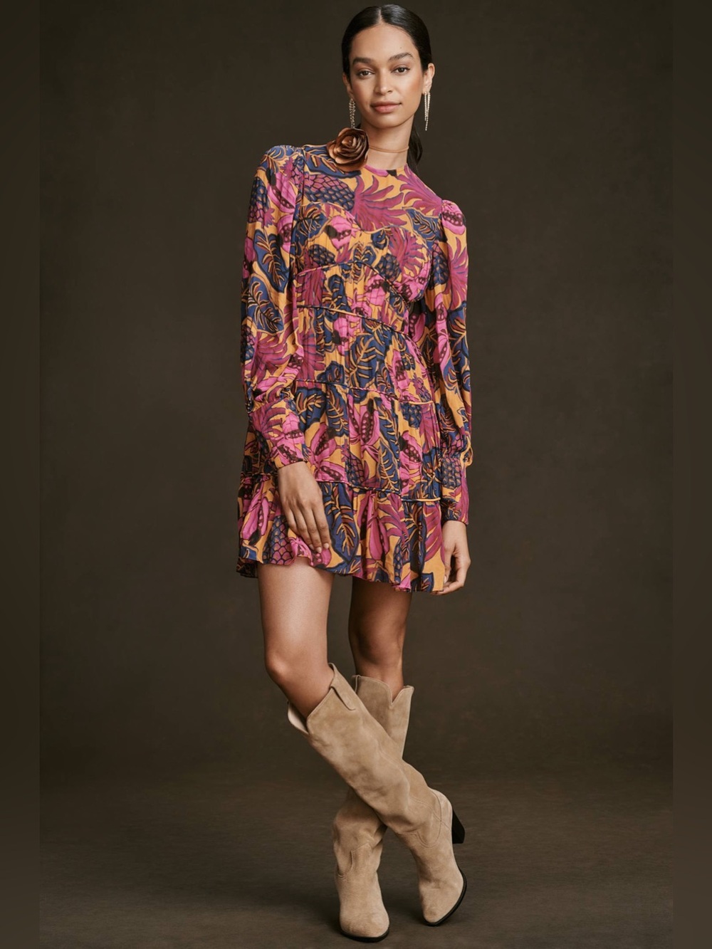 Farm Rio Fruit Dream Long-Sleeve Mini Dress Orange Pink Ruffle Vacay Size XXS